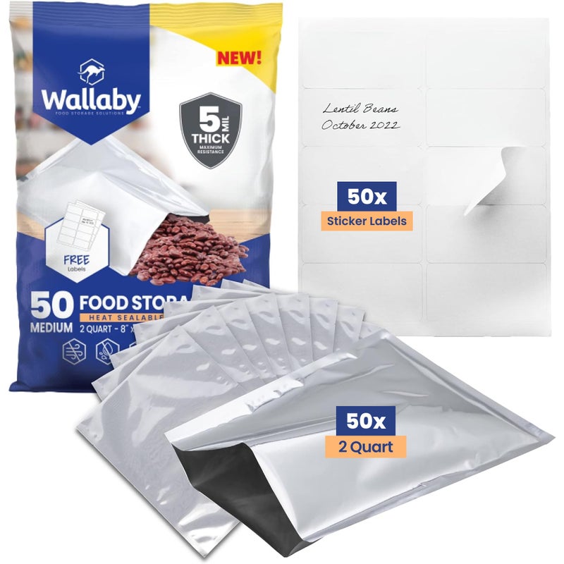 Wallaby 50 Count 2Quart Mylar Bags with Labels 10 Mil Total Thickness LongTerm Food Storage Pouches 8x12 HeatSealable Airtight Packaging Silver